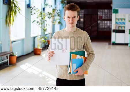 Angry And Baffled Male Student With Poor Results Of Exam In Corridor After Taking Final Test. Studen