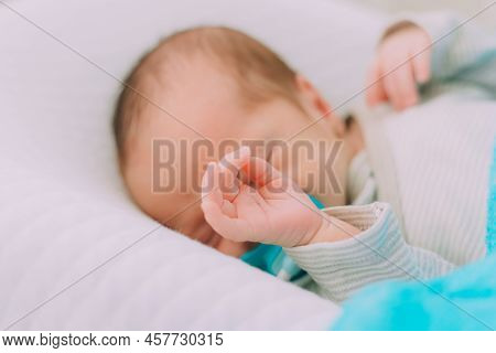 The Baby Is Lying In A Cocoon Of Copy Space . The Baby Is 0-3 Months Old. A Contented Infant. An Art