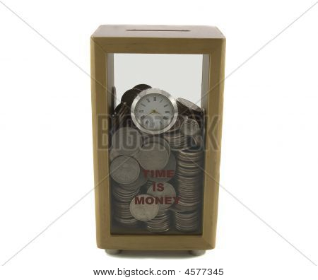 Coin Box With Clock Filled With Money Isolated Over White