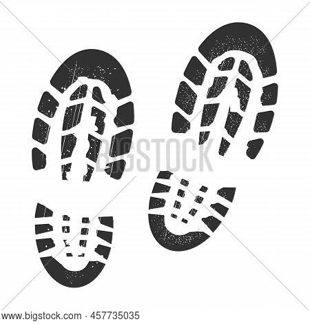 Footstep Black Silhouette, Bootprint Isolated On White Background. Grunge Track, Symbol Cartoon Styl