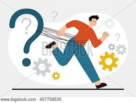 Concept Of Struggle With Difficult Life Issues. Guy Tied To Question Mark And Trying To Escape From 