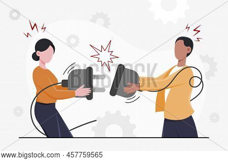 Concept Of Broken Communication. Man And Woman Trying To Connect Two Plugs Of Electrical Outlet To E
