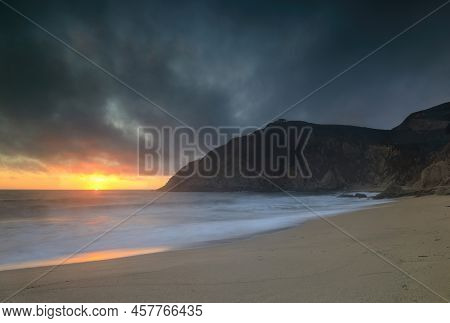 Dramatic Summer Sunset Over Montara Mountain Via Gray Whale Cove State Beach. Montara And Pacifica. 