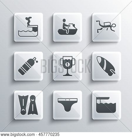 Set Swimming Trunks, Diving Board Or Springboard, Surfboard, Award Cup, Flippers For Swimming, Aqual