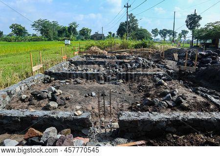 The Foundation For The House. Laying The Foundation Made From Stone, Sand, Semen And Steel. Construc