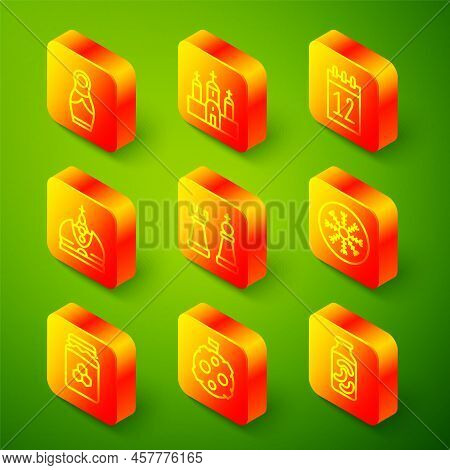 Set Line Russian Doll Matryoshka, Church Building, Calendar 12 June, King Crown, Chess, Snowflake, J