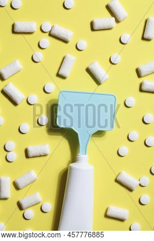 Titanium Dioxide, E171, Dangerous Additive Concept. Gum, Pills, Toothpaste Or Cream And Sign With Sp
