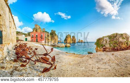 Astonishing Scene Of Tonnara Di Scopello. Popular Travel Destination On Mediterranean Sea. Location: