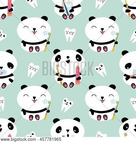 Kawaii Panda Kids Dental Health Care Vector Educational Seamless Pattern Background. Cute Cartoon Be