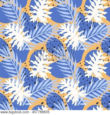Tropical Seamless Pattern With Exotic Plants Leaves And Abstract Shapes. Palm, Split Leaf Philodendr