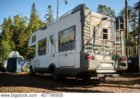 Leningrad Region, Russia - June 2022. The Bus For Whole Family Is Prepared For Travel. Camping In A 