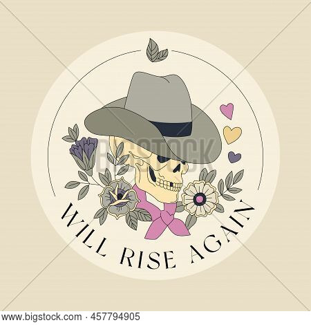 Cowboy Skull In Hat And Flowers Vector Illustration. Editable Stroke. Macabre Or Postmortem Aestheti