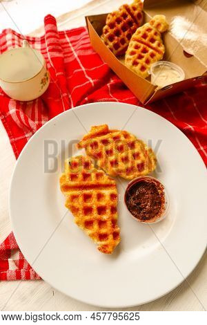 Croissant Waffle Or Croffle With Chocolate Sauce Served In Box And White Background