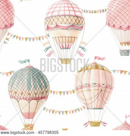 Beautiful Vector Seamless Pattern With Cute Watercolor Hand Drawn Retro Vintage Air Balloons With Fl