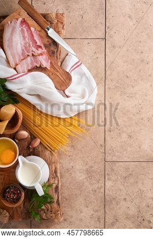Ingredients For Pasta Carbonara. Traidtional Italian Pasta Carbonara Ingredients Bacon, Spaghetti, P
