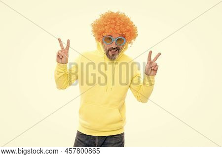 Just Cool Dude. Crazy Man Show Peace Signs. Cool Fashion. Nerdy Look. Funky Wig Hair