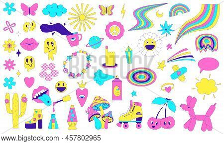 A Set Of Y2k Stickers With Funky Trendy Surreal Elements, Rainbow, Melted Smile, Psychedelic Mushroo