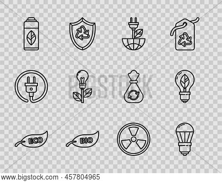 Set Line Leaf Eco Symbol, Led Light Bulb, Electric Saving Plug In Leaf, Bio, Recycling Plastic Bottl