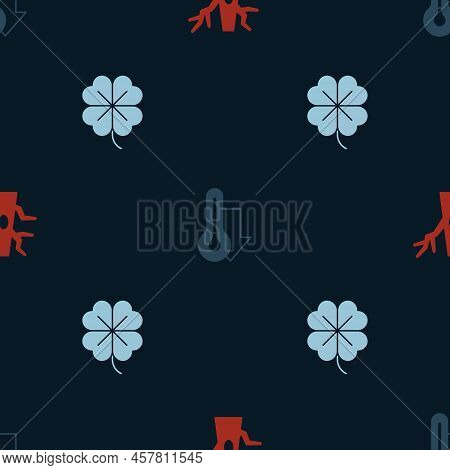 Set Bare Tree, Thermometer And Four Leaf Clover On Seamless Pattern. Vector