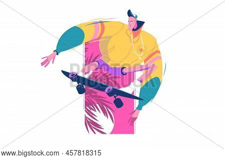 Young Hipster Guy Riding Skateboard Vector Illustration. Man Fancy Extreme Sport, Perform Dangerous 