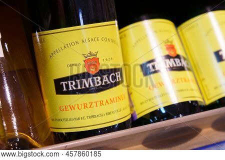 Tyumen, Russia-april 13, 2022: Gewurztraminer Bottle Wine Close Up Of Famous French Wine Company Tri