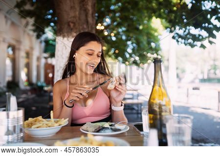 Close-up Woman Having Breakfast Cin Street Cafe Outdoors