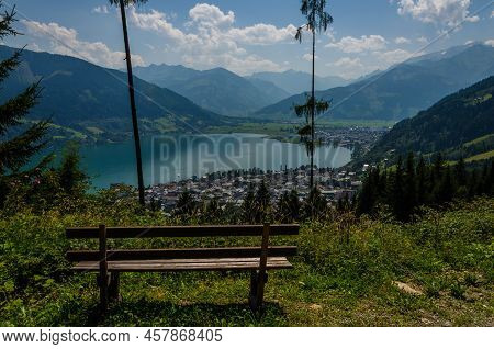 Wooden Bench At A Viewpoint In Austria