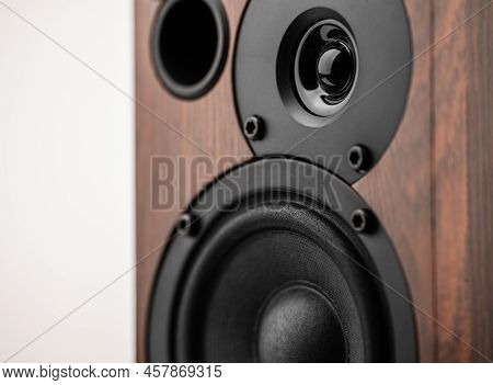 Music Speakers On White Background. Audio Technica. Bookshelf Speaker System For Home Entertainment.
