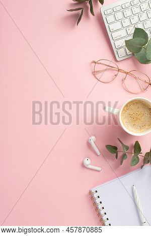 Business Concept. Top View Vertical Photo Of Workspace Keyboard Cup Of Hot Drinking Pen Open Copyboo