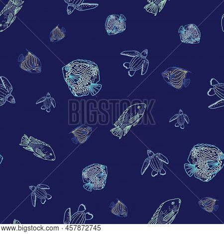 Marine Seamless Pattern. Vector Illustration Of Tropical Fish And Turtle Drawn By Hand. Isolated On 