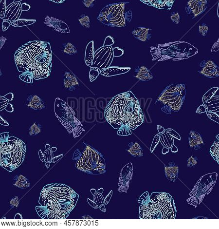 Marine Seamless Pattern. Vector Illustration Of Tropical Fish And Turtle Drawn By Hand. Isolated On 