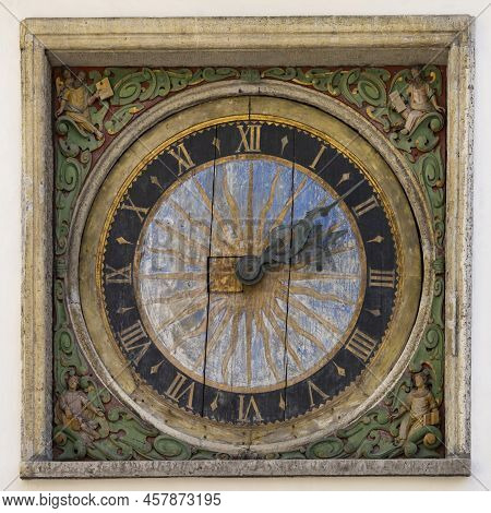 Tallinn, Estonia. July 2022.  Tallinn, Estonia. July 2022.  The Old Wooden Clock On The Esternal Wal