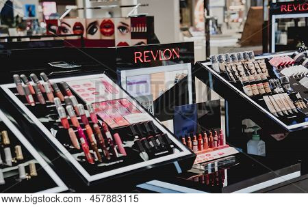 Phuket, Thailand - May 29, 2022: A Rows Of Revlon Brand Lipsticks In A Case On The Supermarket Showc
