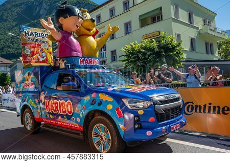 Aigle, Valais Canton, Switzerland -10.07.2022: Passage Of An Advertising Car Of Haribo In The Carava