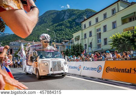 Aigle, Valais Canton, Switzerland -10.07.2022: Passage Of An Advertising Car Of Groupama Fdj In The 