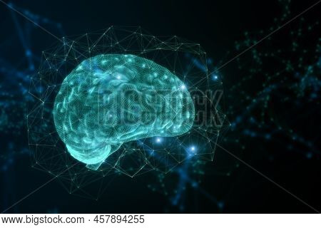 Abstract Blue Polygonal Brain Hologram On Blurry Backdrop. Ai And Machine Learnign Concept. 3d Rende
