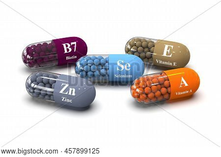Set Of Capsules With Detox Nutrients And Vitamins B7, Zinc, Vitamin A, E, Selenium On White Backgrou