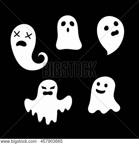 Set Of Cute Ghosts. Scary Ghostly Monsters Design Decoration For Halloween Party. Cartoon Spooky Cha