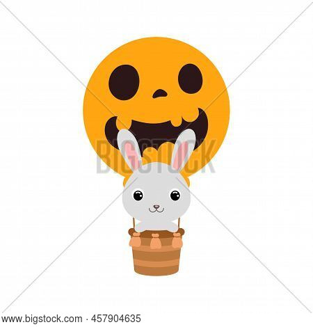 Cute Little Rabbit Flying On Halloween Hot Air Balloon. Cartoon Animal Character For Kids T-shirts, 
