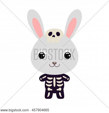 Cute Little Halloween Rabbit In A Skeleton Costume. Cartoon Animal Character For Kids T-shirts, Nurs