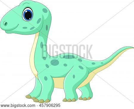 Vector Illustration Of Cartoon Funny Little Brontosaurus On White Background