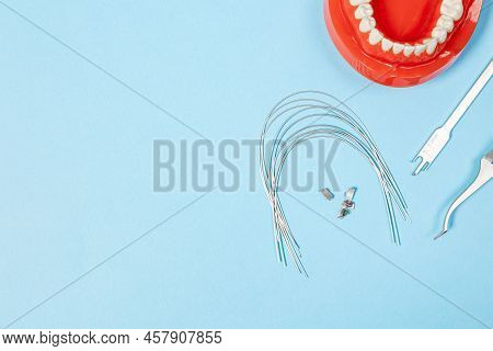 A Set Of Special Tools For An Orthodontist To Install Braces For A Patient. Orthodontic Arcs, Ligatu