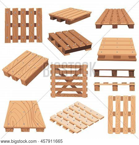 Set Of Wooden Pallets For Cargo Transportation, Vector Flat Illustration On A White Background.