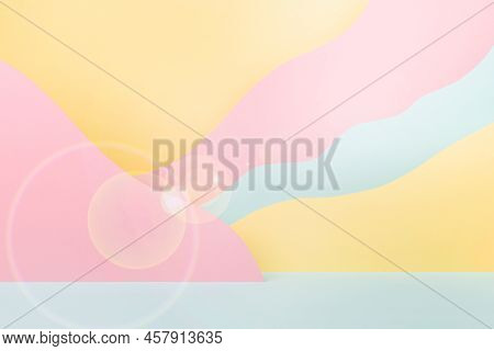 Abstract Stage Mockup With Paper Landscape With Mountains Pink, Yellow, Mint Color With Sun Blinks I