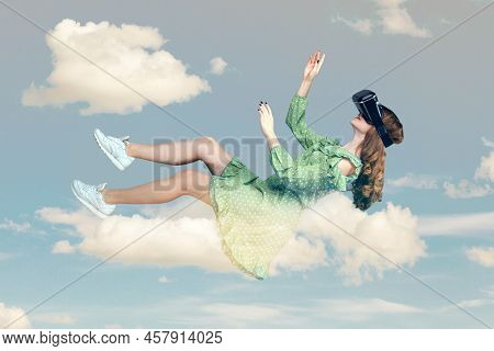 Gamer Girl In Dress Hovering In Air, Levitating With Virtual Reality Glasses On Head, Playing Game T