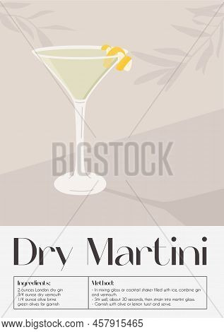 Dry Martini Cocktail In Glass With Ice And Lemon Twist. Summer Aperitif Recipe Retro Elegant Poster.