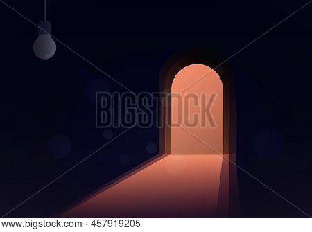 Light Coming In Through Open Arched Door Into A Dark Room With An Unlit Lamp. Concept Of Hope, New P