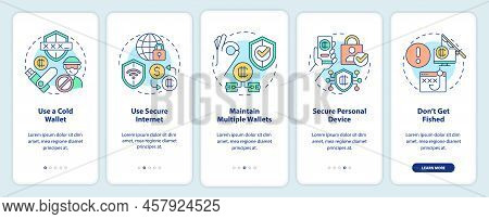 Crypto Wallet Security Onboarding Mobile App Screen. Earnings Safety Walkthrough 5 Steps Editable Gr