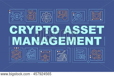 Crypto Asset Management Word Concepts Dark Blue Banner. Funds Control. Infographics With Editable Ic