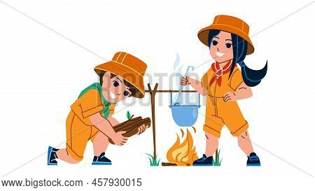 Scout Camp Resting Little Boy And Girl Vector. In Scout Camp Schoolboy And Schoolgirl Kindle Fire An
